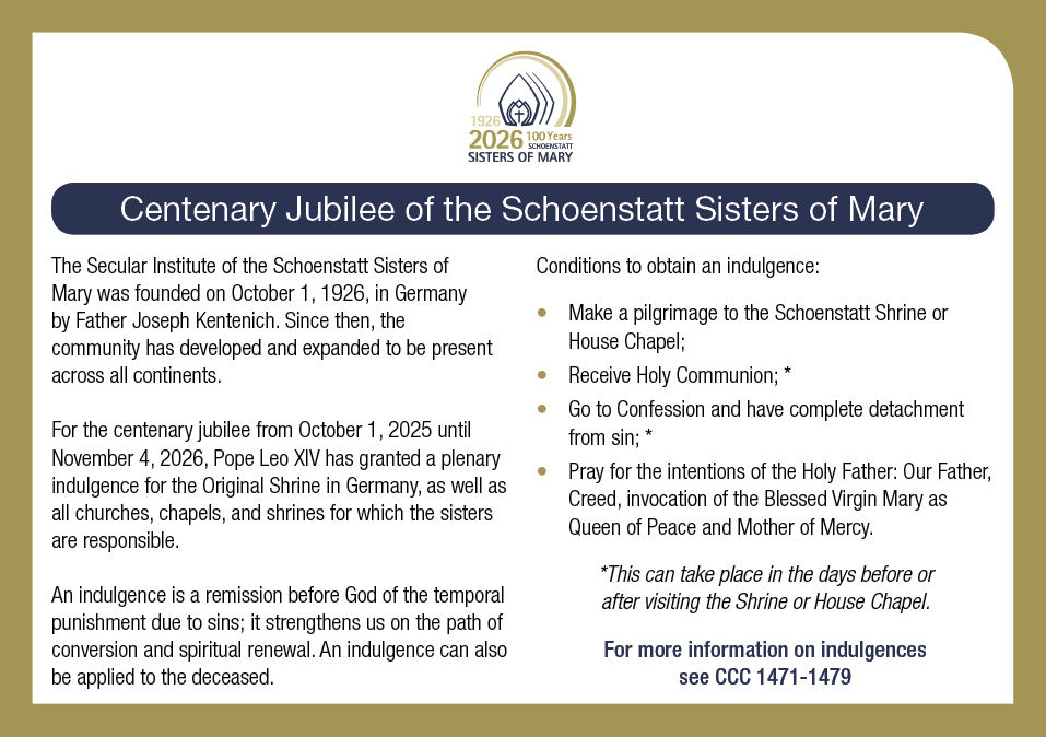 Centenary Jubilee of the Schoenstatt Sisters of Mary – plenary indulgence, 1 October 2025 to 4 November 2026
