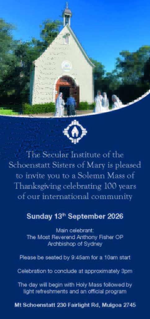 Invitation to the Solemn Mass of Thanksgiving for 100 years of the Schoenstatt Sisters of Mary at Mount Schoenstatt, Mulgoa