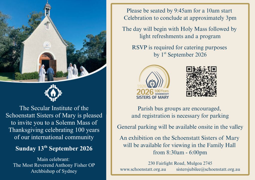 Schoenstatt Sisters of Mary Centenary Jubilee celebration flyer