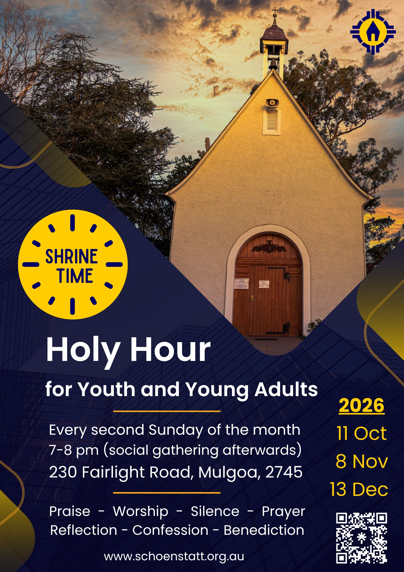 Shrine Time – Holy Hour for Youth and Young Adults, every second Sunday of the month, 7–8 pm (social gathering afterwards), 230 Fairlight Road, Mulgoa – 2026 dates 11 Oct, 8 Nov, 13 Dec